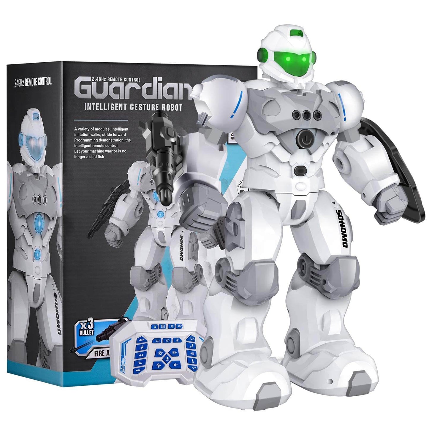 SONOMO programmable RC robot for kids in white with remote control, designed for engaging and interactive play.