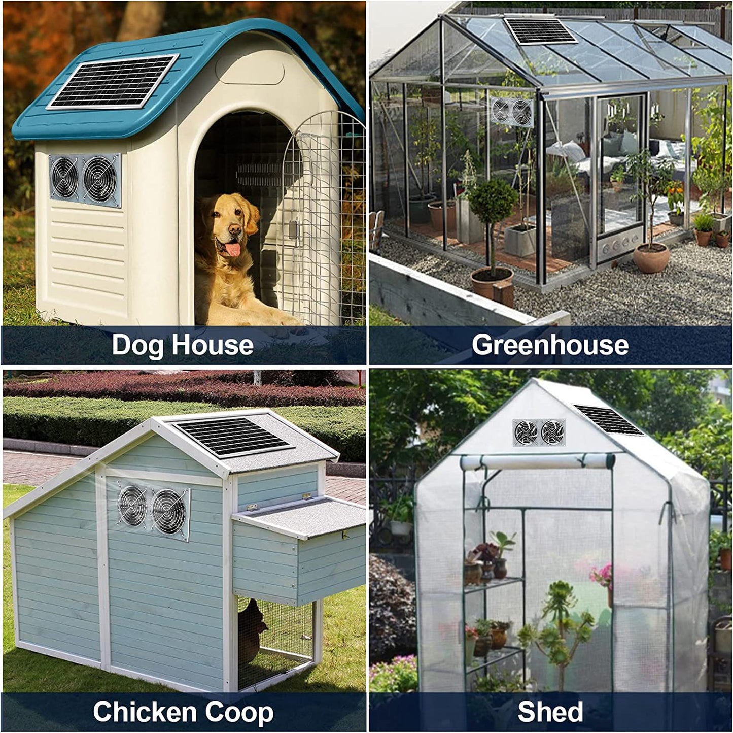 15W Solar Fan for Pet House with 2 DC Ventilators 35cm x 30cm x 5.8cm