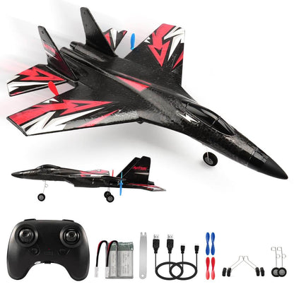 SU27 remote control airplane in black with red accents, includes controller and accessories for easy flying.