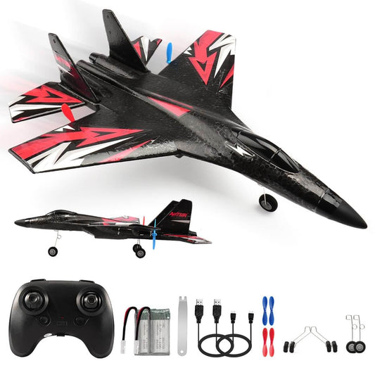 SU27 remote control airplane in black with red accents, includes controller and accessories for easy flying.