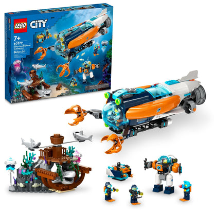 LEGO City Deep-Sea Explorer Submarine 60379 Building Toy Set Ocean Submarine Playset with Shipwreck Setting 6 Minifigures and 3 Shark Figures for Imaginative Play A Gift Idea for Ages 7+