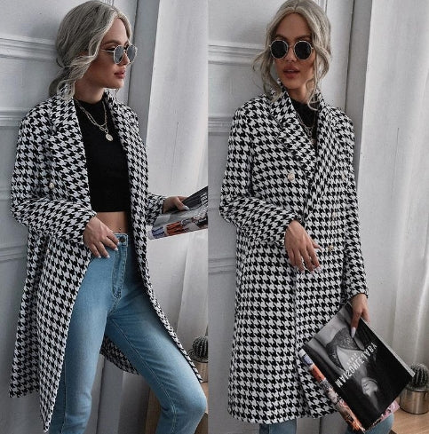 Plaid Blazer Long Wool Coat Women Woman (One Piece)