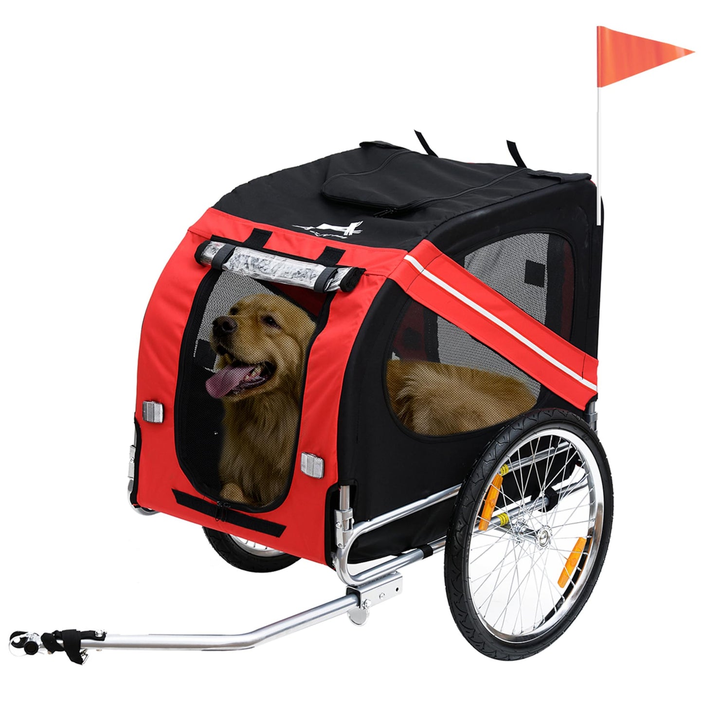 Aosom Dog Bike Trailer Pet Wagon Bicycle Trailer with Easy Folding Cart Frame 20" Large Rubber Wheels 3 Entrances Mesh Screen Pet Bike Trailer for Off-Road & Travel Red and Black