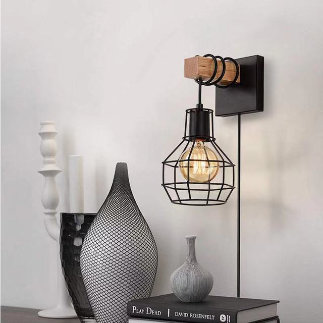 American Creative Wood Wall Light with Iron Shade