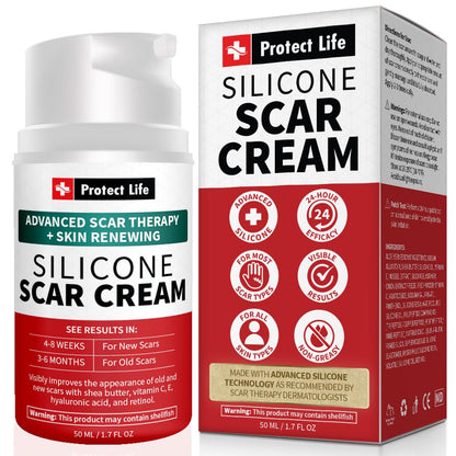 Protect Life Silicone Scar Cream for Surgical Scars Injury & Keloid Scar Treatment Moisturising Rejuvenating Silicone Scar Gel for Old & New Scars Non-Greasy [MAY CONTAIN SHELLFISH]