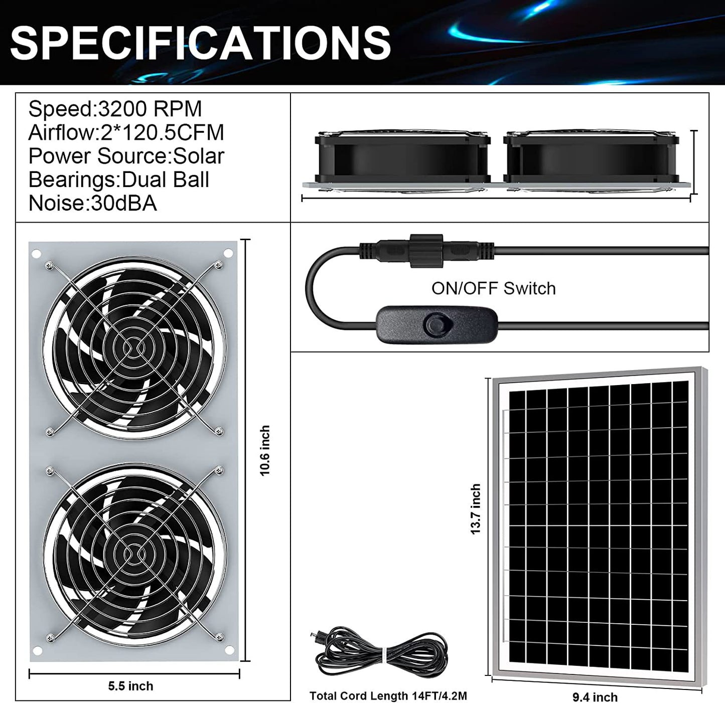 15W Solar Fan for Pet House with 2 DC Ventilators 35cm x 30cm x 5.8cm