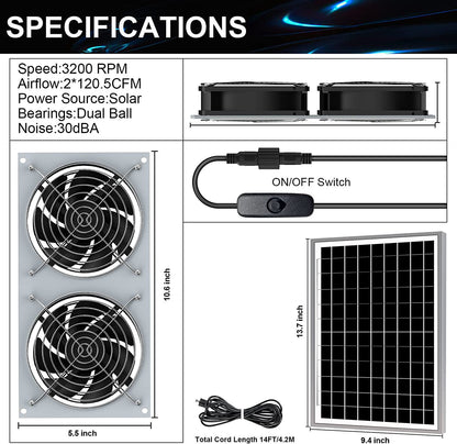 15W Solar Fan for Pet House with 2 DC Ventilators 35cm x 30cm x 5.8cm