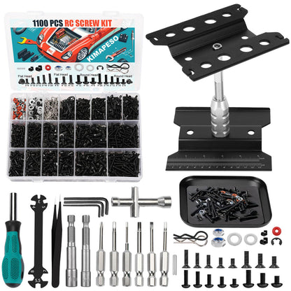 RC Car Repair Work Stand 1100pcs RC Screw Kit and RC Screwdrivers Repair Set for Traxxas Axial Redcat Arrma HPI HSP SCX10 RC4WD 1/8 1/10 1/12 1/16 Scale RC Crawler Truck Buggy Car