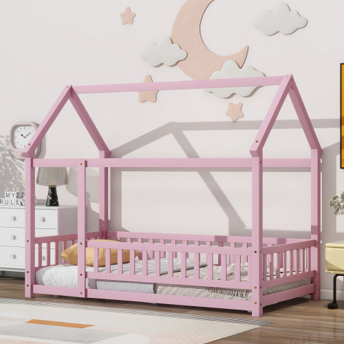 Twin Size Floor Wooden Bed With House Roof Frame Fence Guardrails Pink