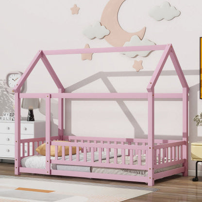Twin Size Floor Wooden Bed With House Roof Frame Fence Guardrails Pink