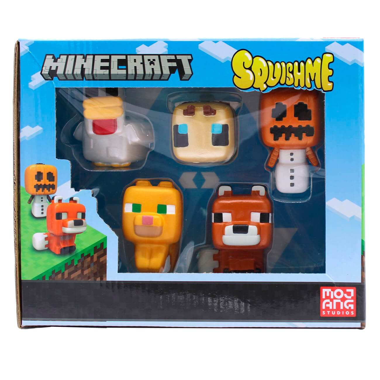 Minecraft SquishMe collectors box featuring six characters including chicken, pumpkin, cat, and fox.