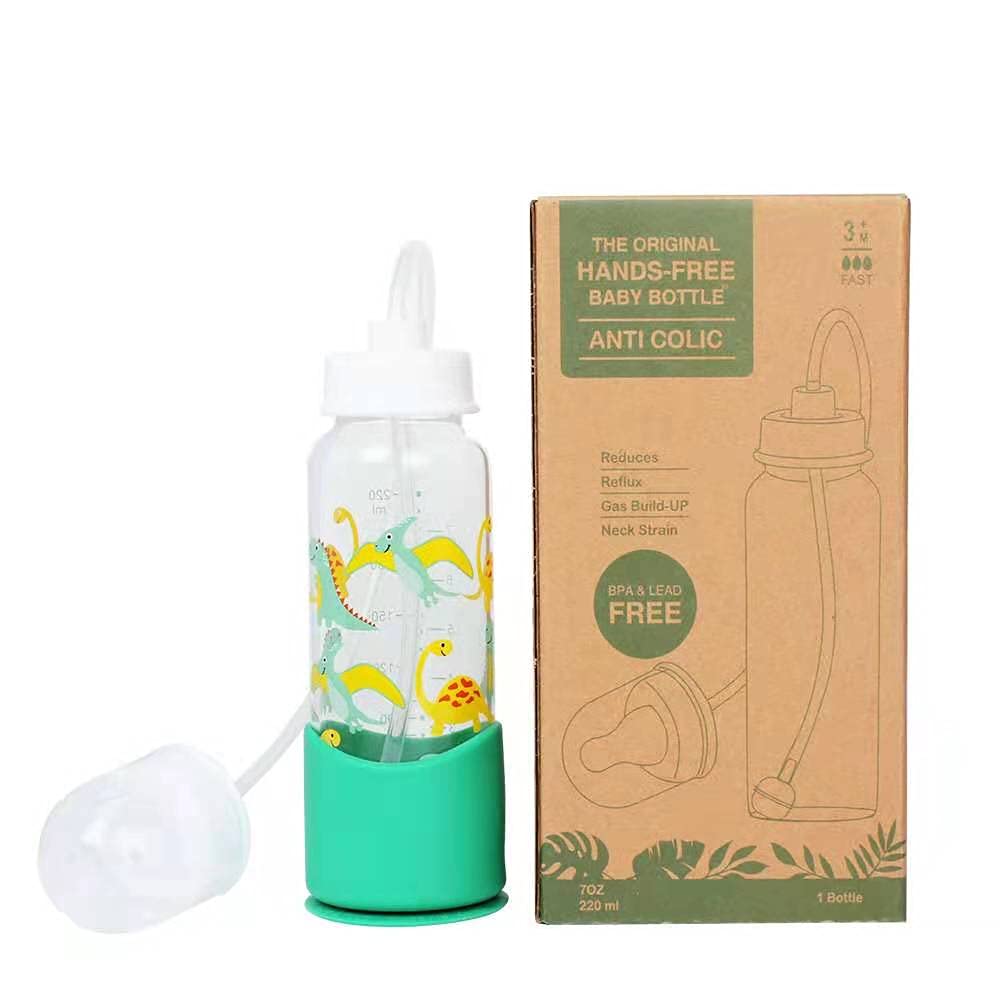 Hands-Free Baby Bottle - Anti-Colic Self Feeding Baby Bottle System 7 oz Glass Bottle (1 Pack - Dinosaur)