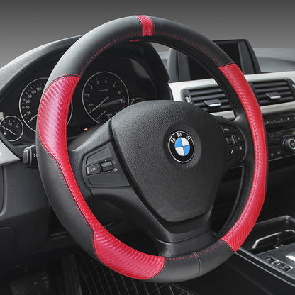 Genuine Leather Steering Wheel Cover - Carbon Fiber Design 38cm