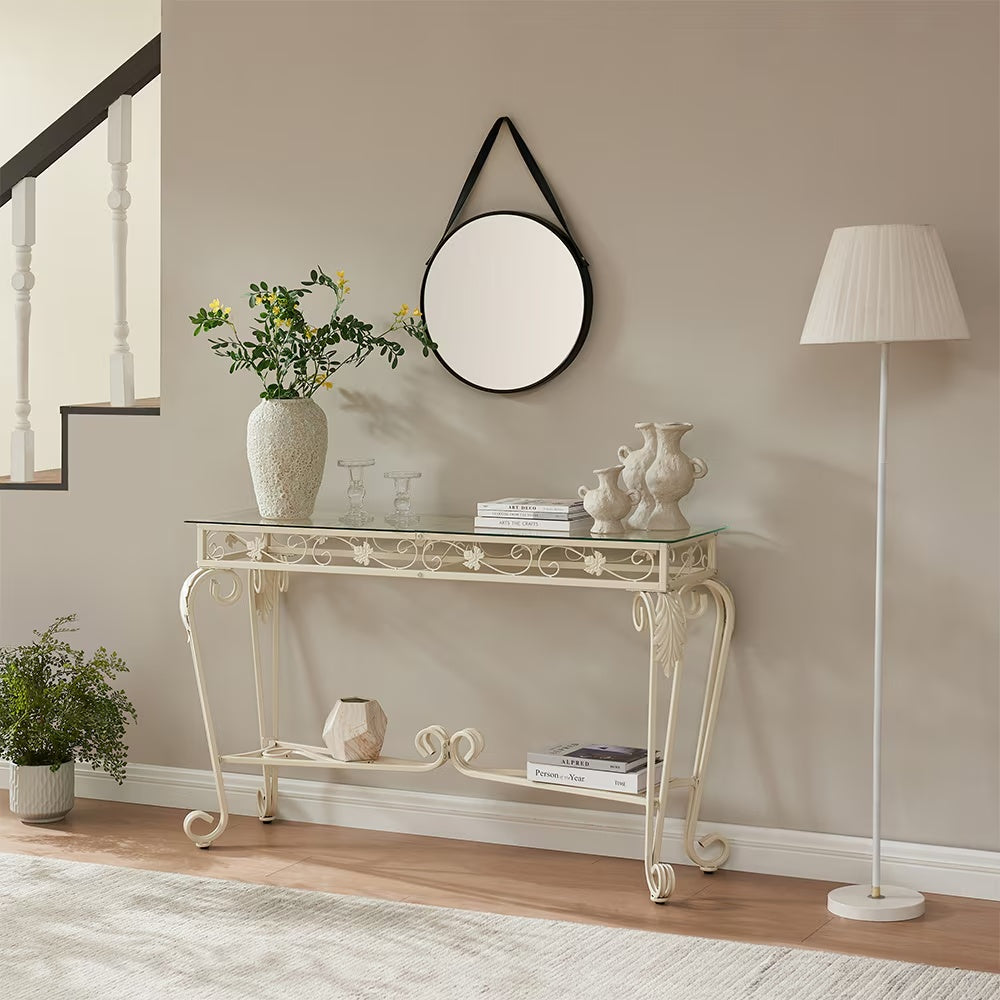 Vintage 2nd Tier Modern Tempered Glass Console Table, Entrance Table, Sofa Table With Storage Shelves