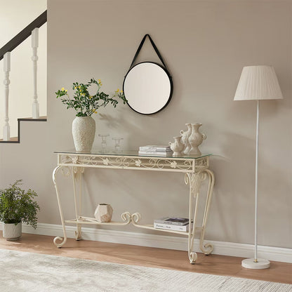 Vintage 2nd Tier Modern Tempered Glass Console Table, Entrance Table, Sofa Table With Storage Shelves