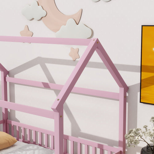 Twin Size Floor Wooden Bed With House Roof Frame Fence Guardrails Pink