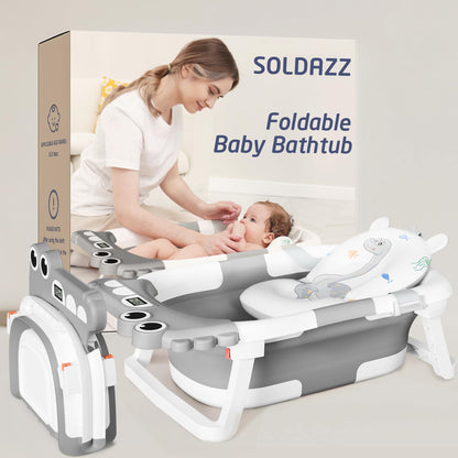 Foldable Baby Bathtub Baby Bath Tub with Soft Cushion & Thermometer Alligator Baby Bathtub with Detachable Feet Durable Infant Bathtub Applicable 0-36 Months Gray