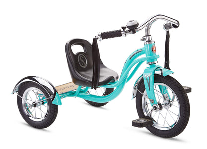 Schwinn Roadster Bike for Toddler Kids Classic Tricycle Low Positioned Steel Trike Frame with Bell and Handlebar Tassels Rear Deck Made of Genuine Wood for Boys and Girls Ages 2-4 Year Old Teal