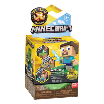 Treasure X Minecraft collectible figures box featuring Overworld character and adventure details.