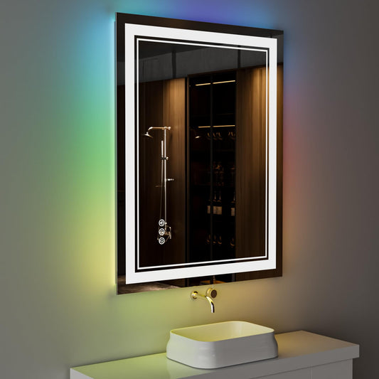 ISTRIPMF 24x36 inch RGB LED Bathroom Mirror with Lights Colorful Changing Lighted Mirror Shatterproof Dimmable Anti-Fog LED Vanity Mirror for Bathroom (RGB Backlit + Front-Lit)