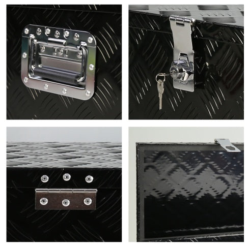 20 Inch Black Aluminum Tool Long Box 5 Bar Tread Flat Box For Truck Car Outdoor Trailer Pickup Underbody RV ATV Storage Tools Organizer With Lock Side Handle And Keys