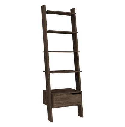 Trapezoidal Bookshelf, Four Legs, One Drawer, Five Open Shelves - Deep Walnut Wood