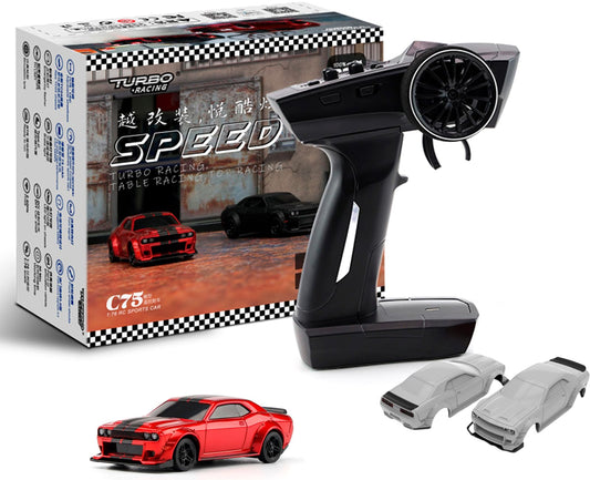 Turbo racing RC 1:76 Mini Sports Car 4CH 2.4GHZ Remote Control Full Proportional RTR Kit with 2 Replaceable Body Shell(C75-Red)