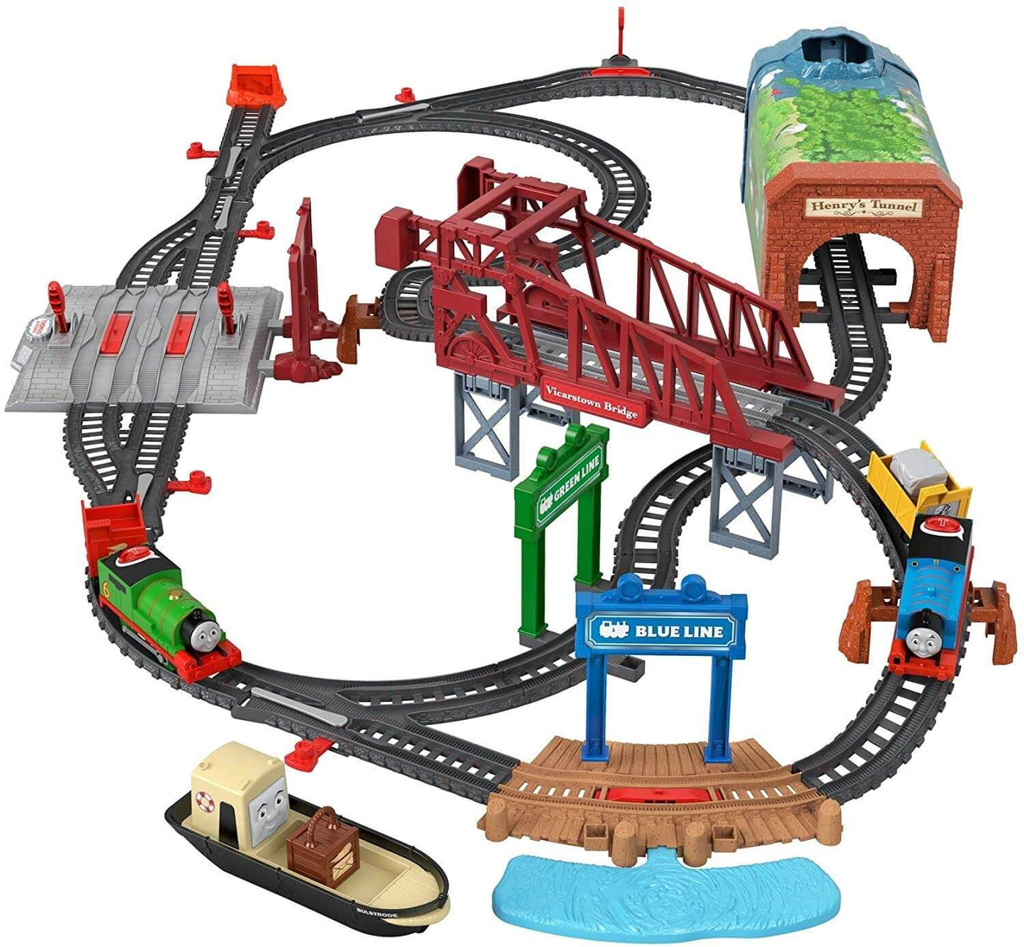 Thomas and Friends talking train set featuring Vicarstown Bridge, motorized engines Thomas and Percy, and interactive track.