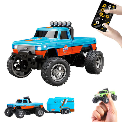 Mini RC Monster Truck 1:64 Scale Remote Control Car with Lights 2.4GHz Off-Road RC Truck USB Rechargeable RC Cars Adjustable Speed for Kids Indoor & Outdoor Racing (Orange Blue)