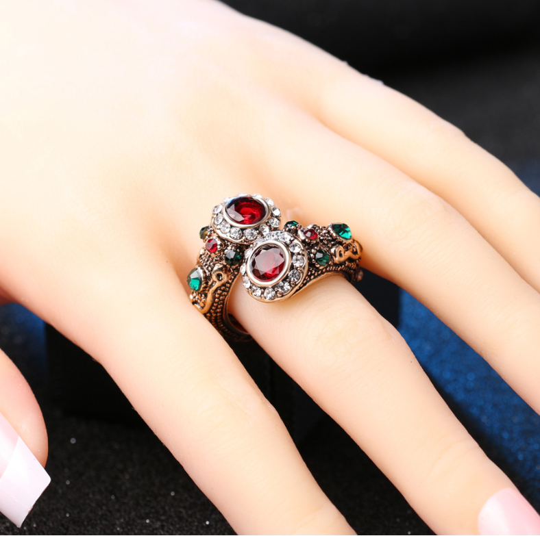 Vintage Women's Crystal Ruby Ring with Evil Eye Snake