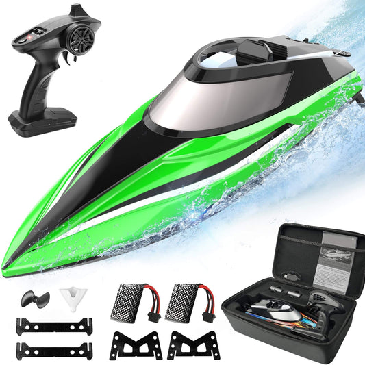 ALPHAREV Remote Control Racing Boat for Kids in green, showcasing high-speed performance and portable suitcase accessories.
