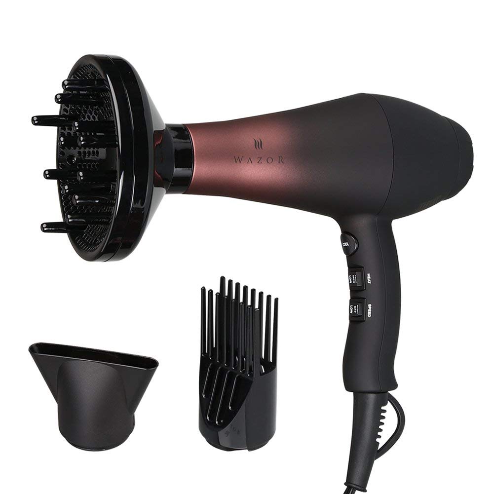 Wazor Professional Ionic Hair Dryer with Diffuser Infrared Salon Grade Blow Dryer with Comb Attachment 1875W Powerful Quiet Hair Blow Dryer Tourmaline Ceramic Hairdryer with Nozzle Black