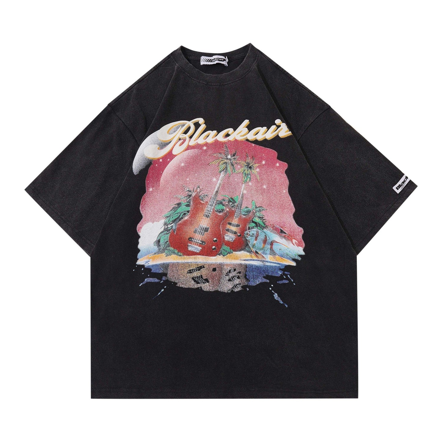 Retro Washed Distressed Rock Guitar Casual Tee