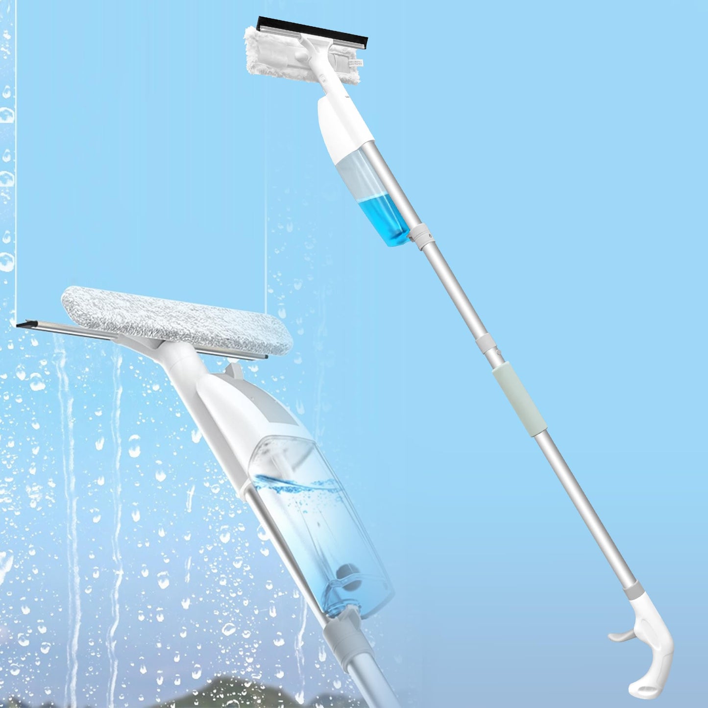 3-in-1 Window Squeegee Window Cleaning Tool Kit with 45" Aluminum Alloy Handle 200ml Detachable Water Tank & 2 Washable Pads Multi-Use Squeegee for Shower Glass Door Wall Floor Car Windshield.