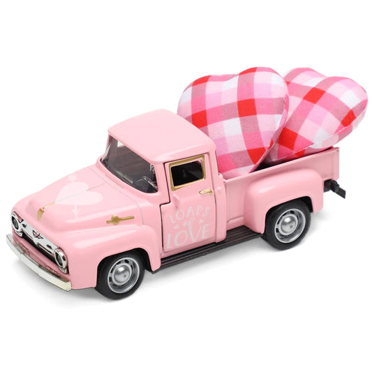Mini Valentine’s Day Metal Farm Truck with 2 Hearts Vintage Love Romantic Tiered Tray Decor Diecast Pickup Truck Model for Shelf Table Décor 4.8inch