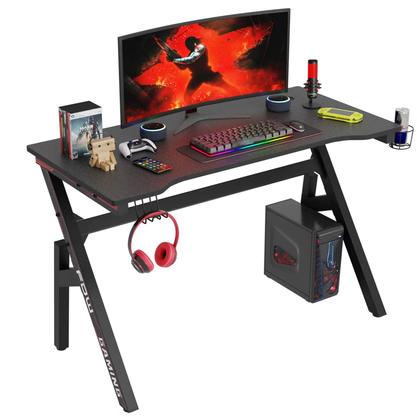 47 Inch Gaming Desk PC Carbon Fiber Table Ultimate Gamer Workstation with Cup Holder & Headphone Hook for Home OfficeRed