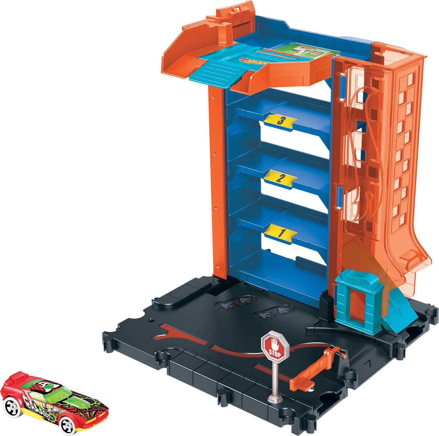 Hot Wheels City Toy Track Set Downtown Car Park Playset with 1:64 Scale Vehicle 4 Levels Working Lift & Exit Chute