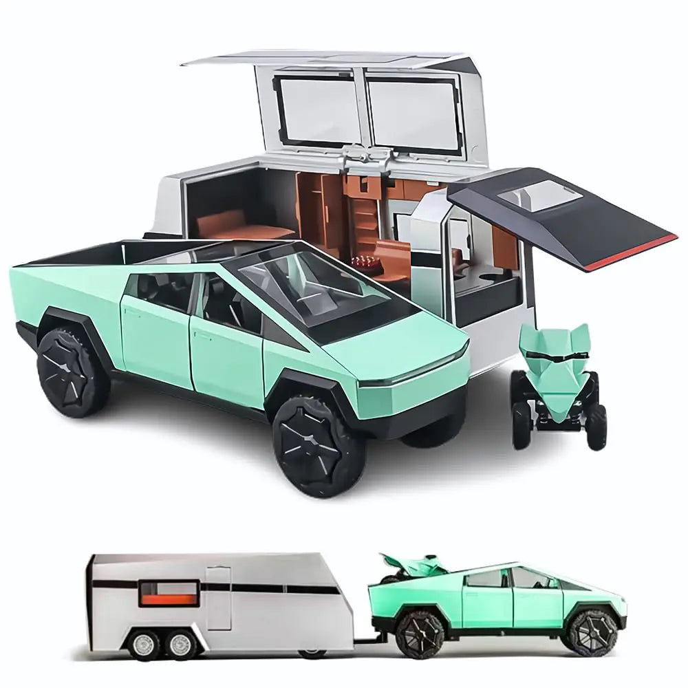 1/24 diecast Tesla cyber Truck Off-Road Vehicle AlloyCar Model Diecast Metal ToyTruck Model Simulation Sound Light Gifts (1:24 with RV Green)