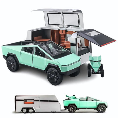 1/24 diecast Tesla cyber Truck Off-Road Vehicle AlloyCar Model Diecast Metal ToyTruck Model Simulation Sound Light Gifts (1:24 with RV Green)