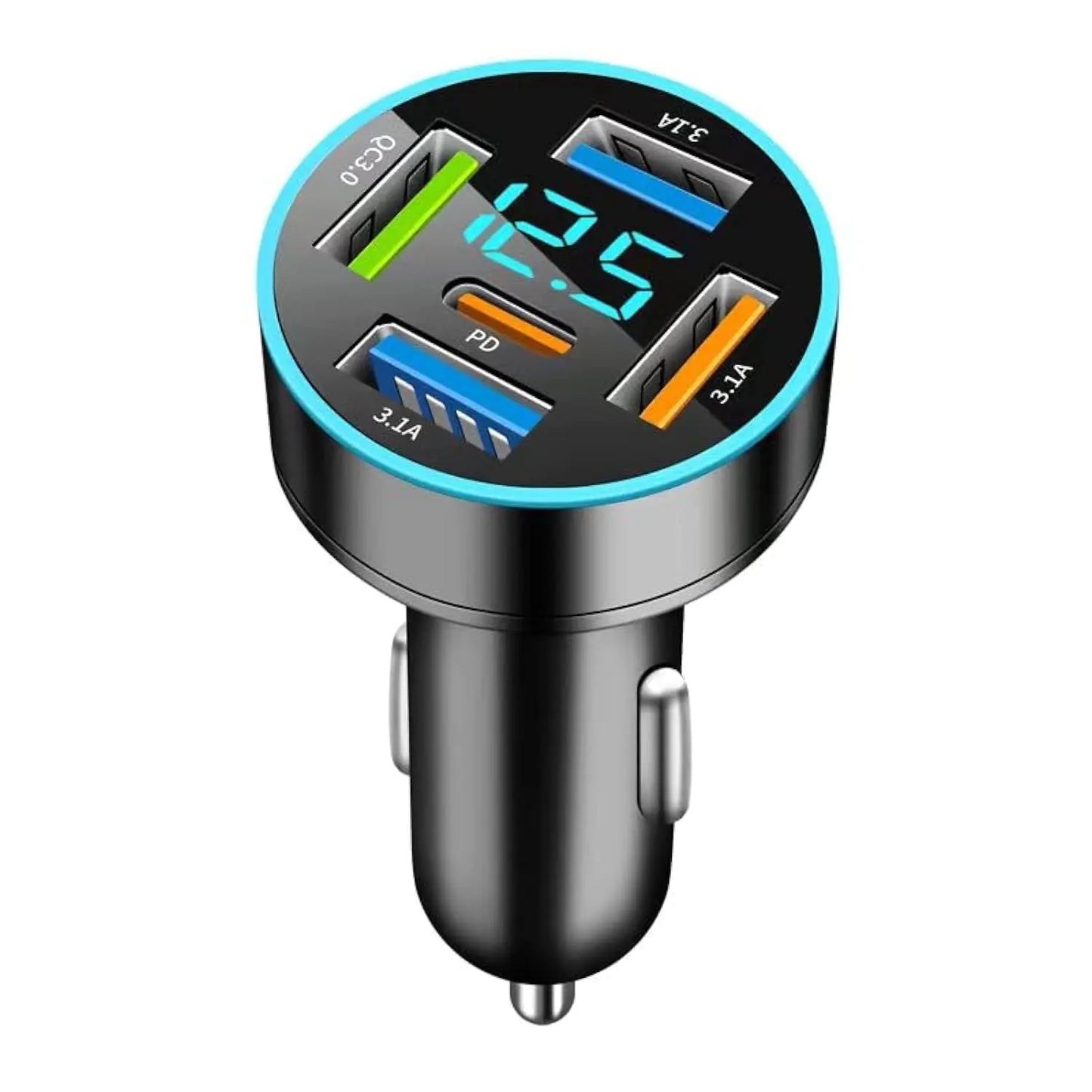 66W Car Charger Adapter 5 Port USB Car Charger PD 30W QC3.0 3.1A Car Cigarette Lighter USB Charger with LED Voltmeter Fast Car Charger Compatible with iPhone iPad Samsung