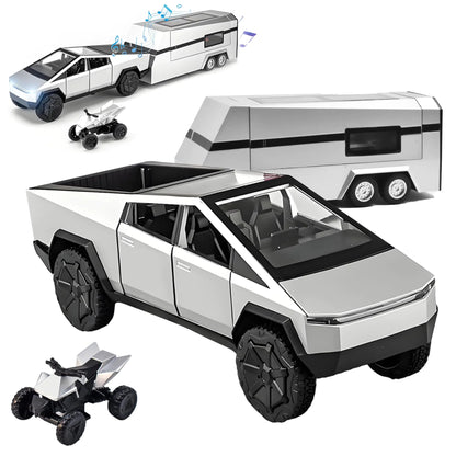 Miortior Cybertruck Toy Cyber Truck Toy with RV Motorcycle and Cybertquad 1/32 Alloy Diecast Cyber Truck Toy with Light and Sound Suitable for Kids Aged 6 and Up - Silver