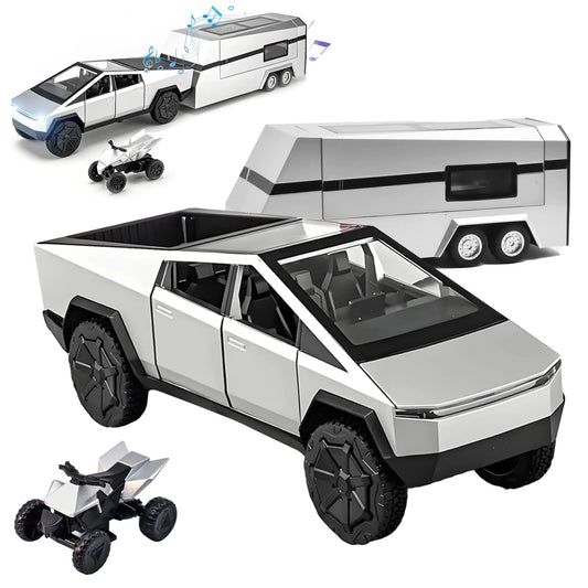 Miortior Cybertruck Toy Cyber Truck Toy with RV Motorcycle and Cybertquad 1/32 Alloy Diecast Cyber Truck Toy with Light and Sound Suitable for Kids Aged 6 and Up - Silver