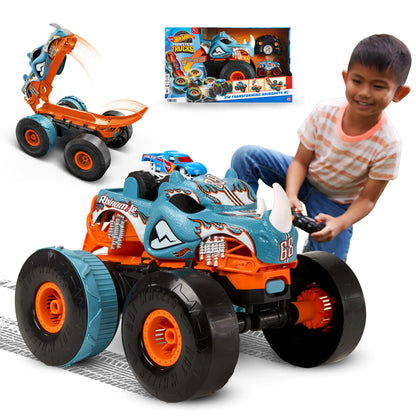 Hot Wheels Monster Trucks RC Toy Remote-Control Transforming Rhinomite in 1:12 Scale & 1:64 Scale Race Ace Converts into Launcher Connects to Track