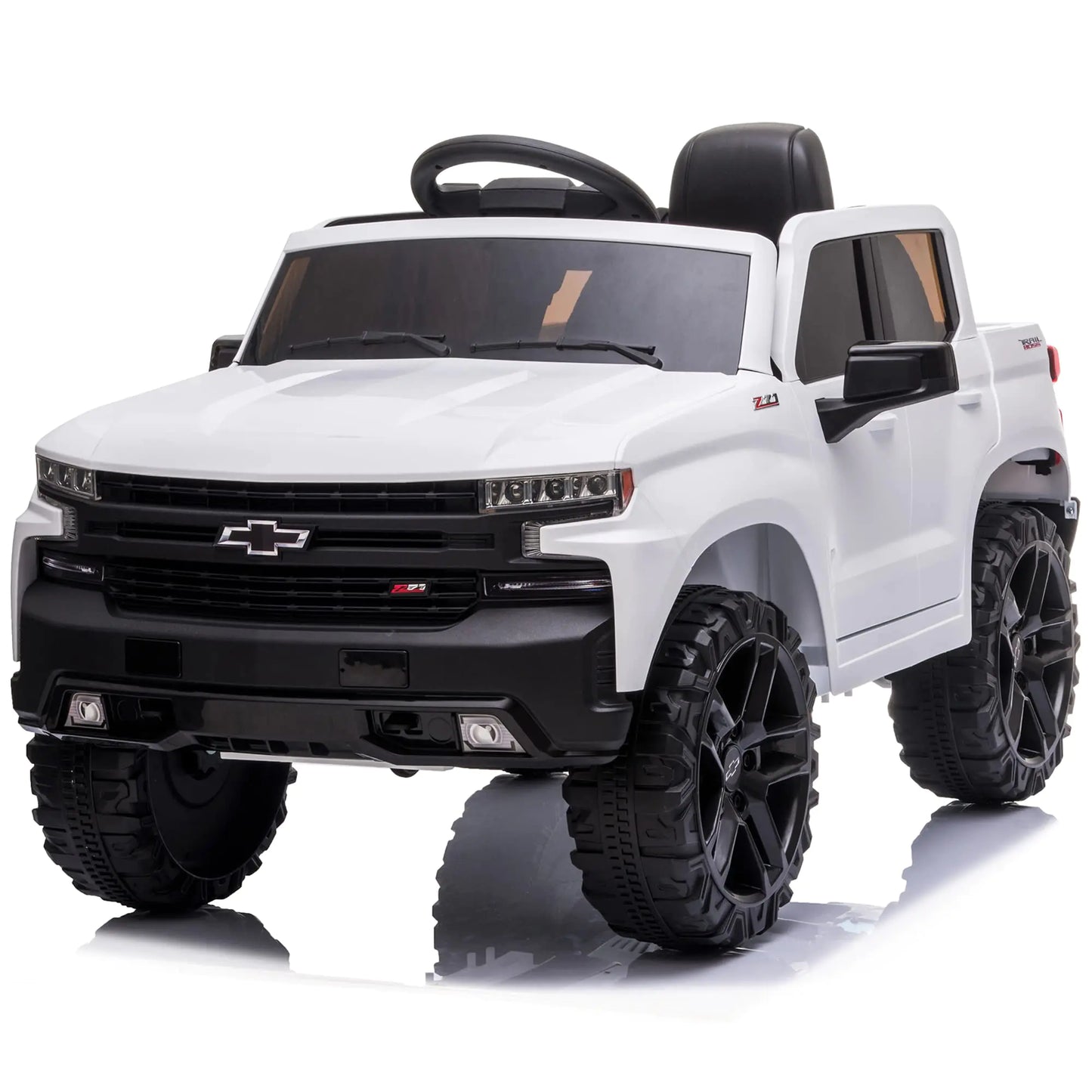 Kidzone 12V Battery Powered Licensed Chevrolet Silverado Trail Boss LT Kids Ride On Truck Car Electric Vehicle Jeep with Remote Control MP3 LED Lights - White