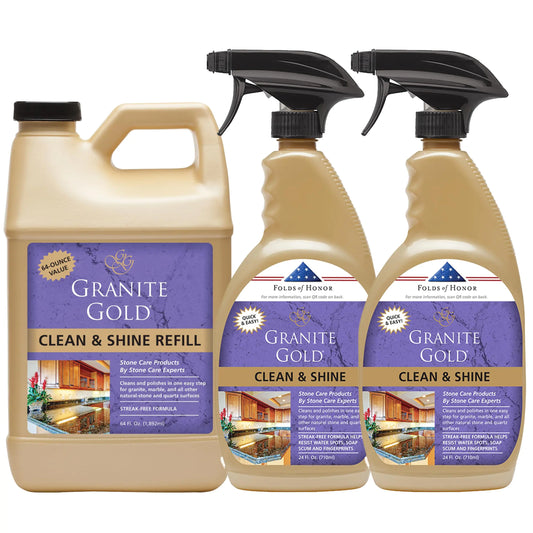 Granite Gold Clean and Shine Spray for Granite Marble & Other Natural Stone & Quartz Surfaces 1 x 64 Fl. Oz. & 2 x 24 Fl. Oz. 3-Pack