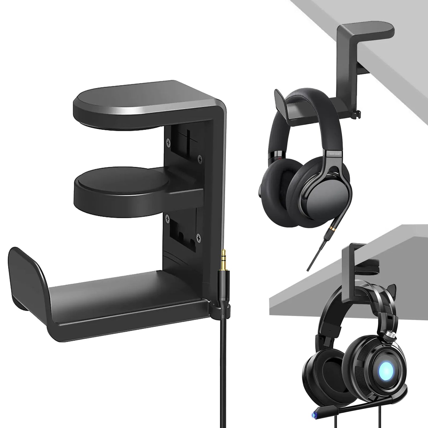 Headphone Holder Under Desk Gaming Headset Headphone Hook Hanger Hook Headphone Stand with 360-Degree Adjustable Rotating Arm Clamp- Built in Cable Clip Organizer-Black