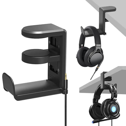 Headphone Holder Under Desk Gaming Headset Headphone Hook Hanger Hook Headphone Stand with 360-Degree Adjustable Rotating Arm Clamp- Built in Cable Clip Organizer-Black